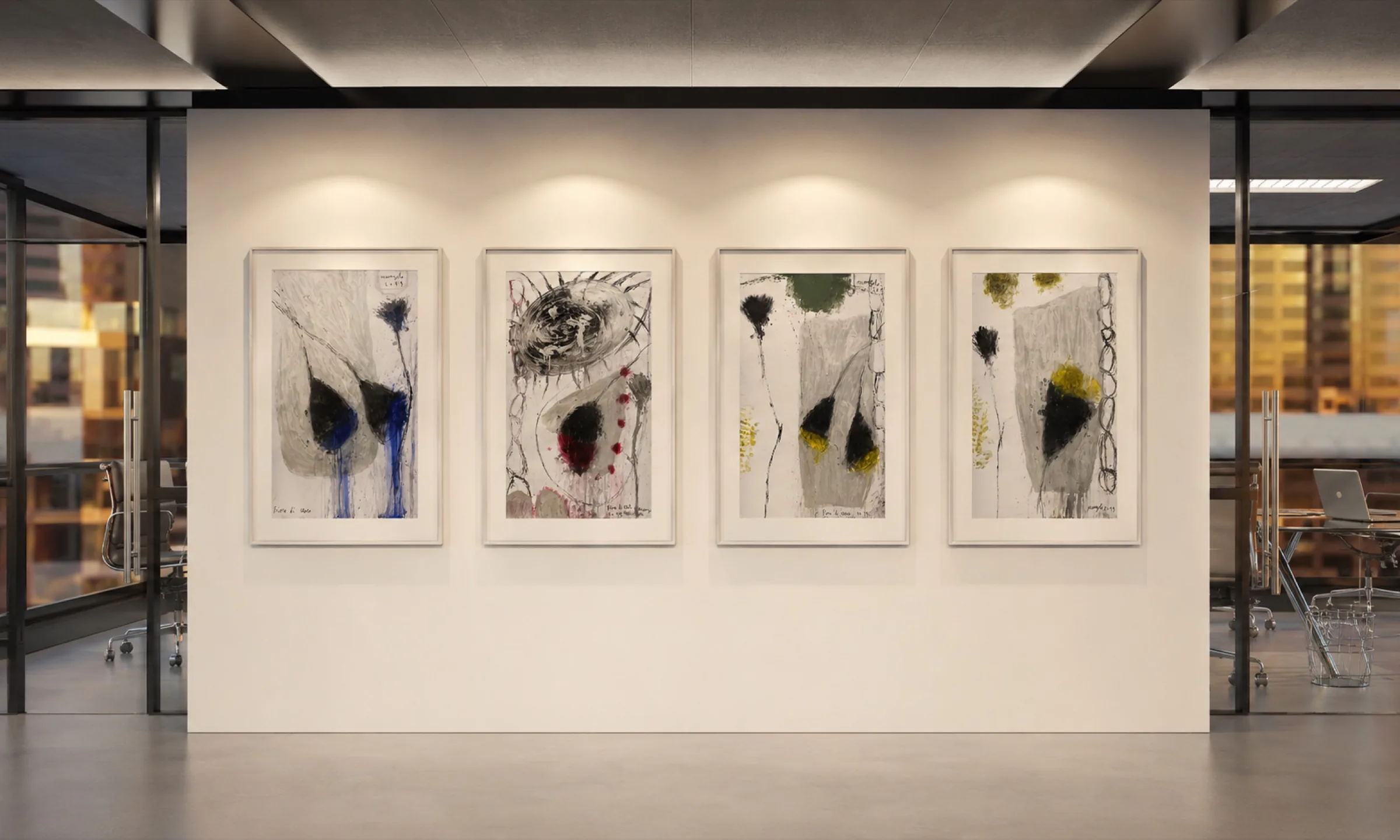 A run of four framed works by Arcangelo, lit individually along a pale gallery wall.