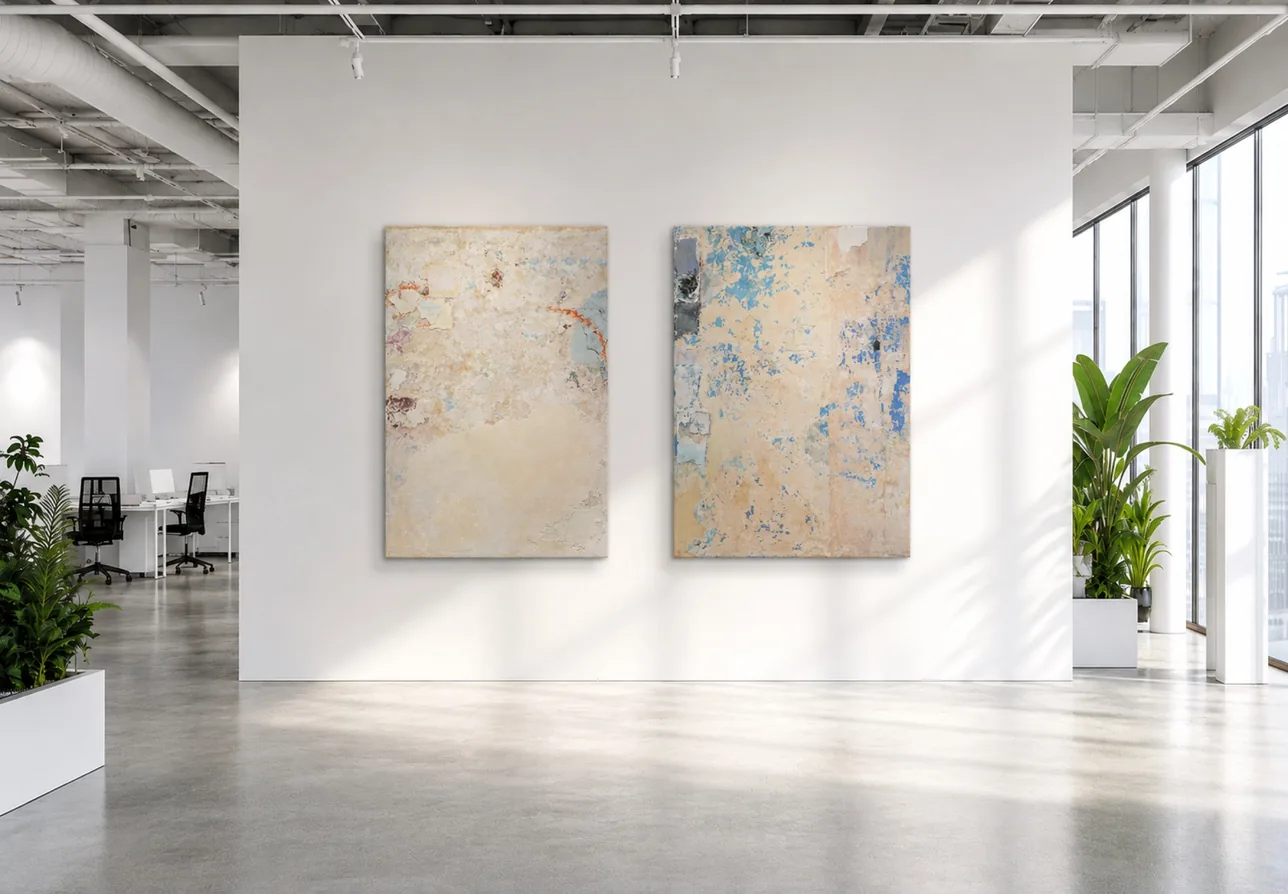 Two abstract canvases by Franco Guerzoni in an open-plan office.