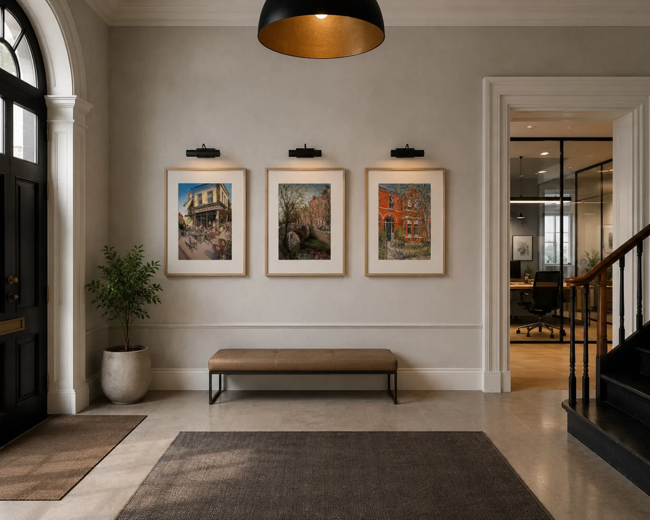 Three framed works hung above a bench in a Georgian entrance hall.
