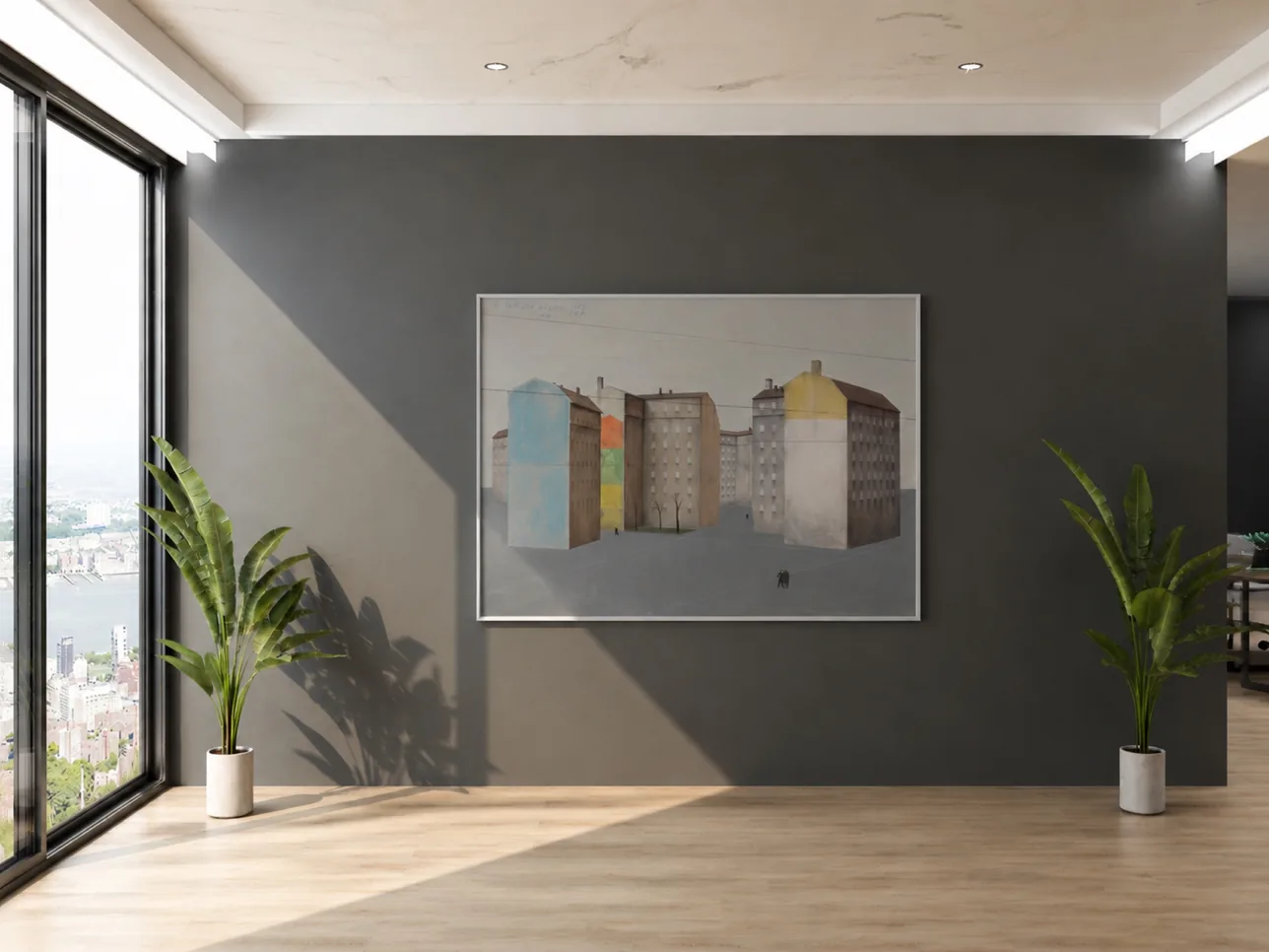 A framed cityscape by Paolo Ventura on a dark grey wall.