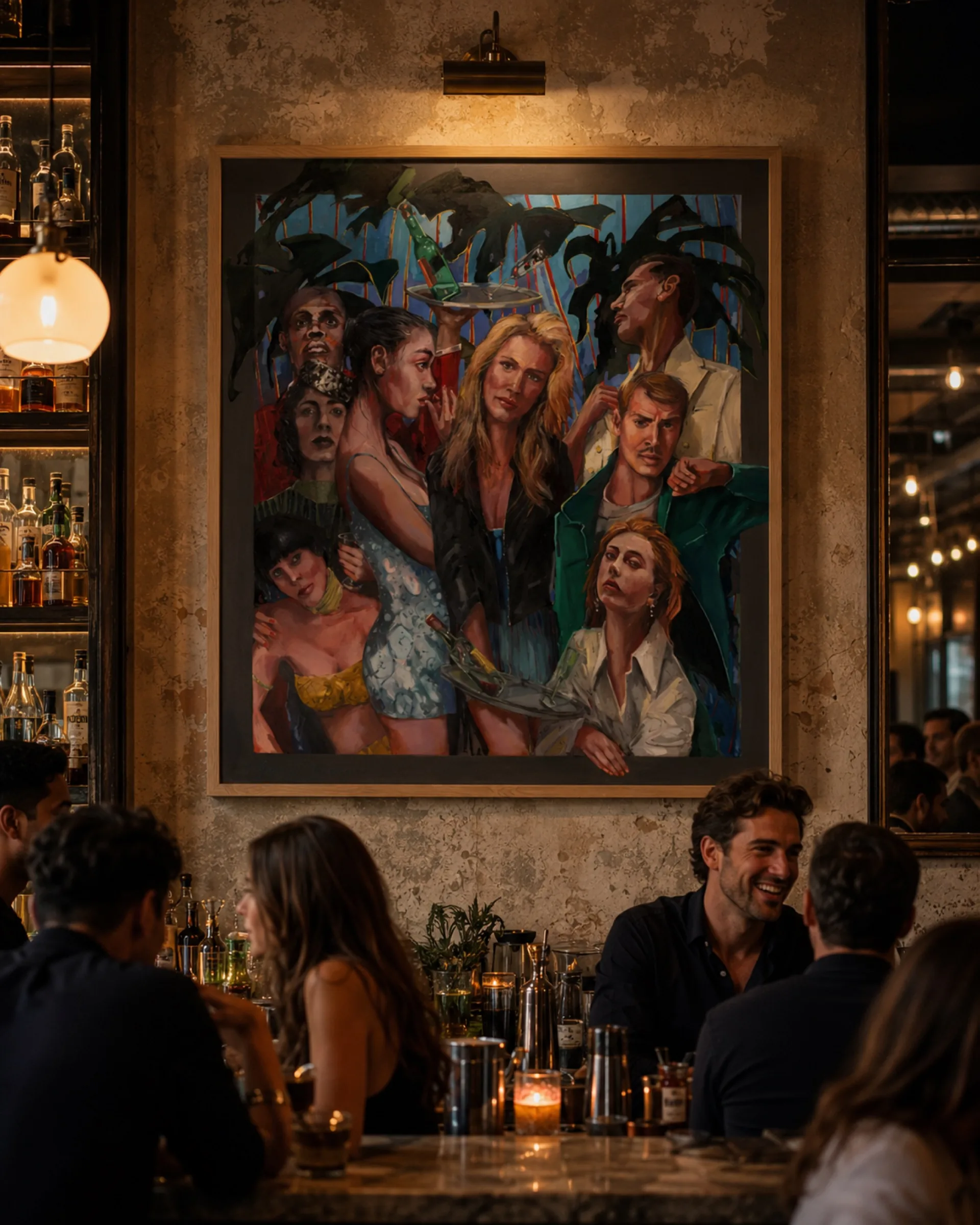 Someone in the Crowd, 180 × 160cm, hung above the bar in a restaurant.